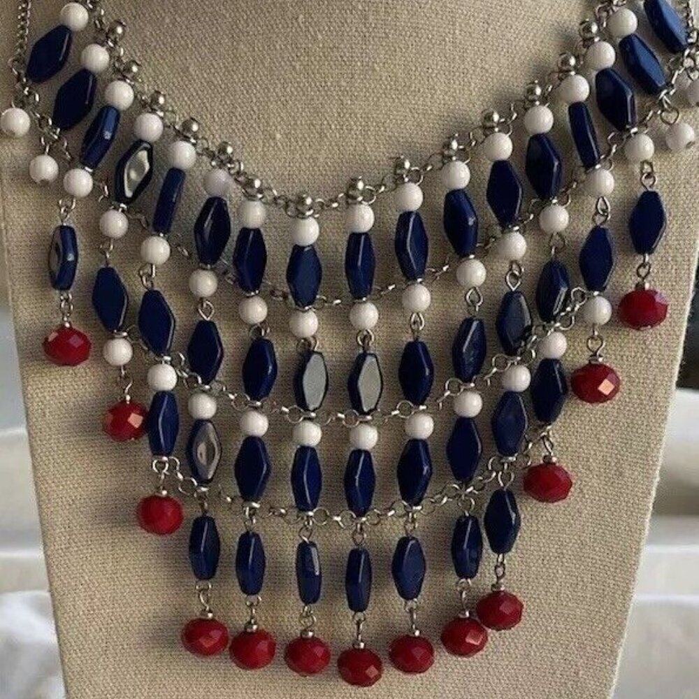 Vintage Patriotic USA Red White Blue Silver Tone Women’s Chain Necklace Sz 22 in